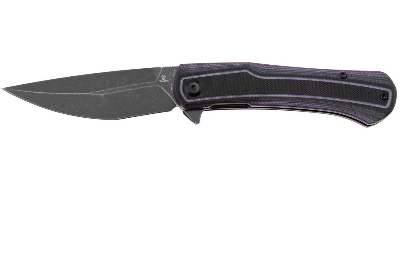 Tenable Knives Kratos T1024A3 Blackwashed Nitro-V, Black Purple G10, zakmes, Ostap Hel design