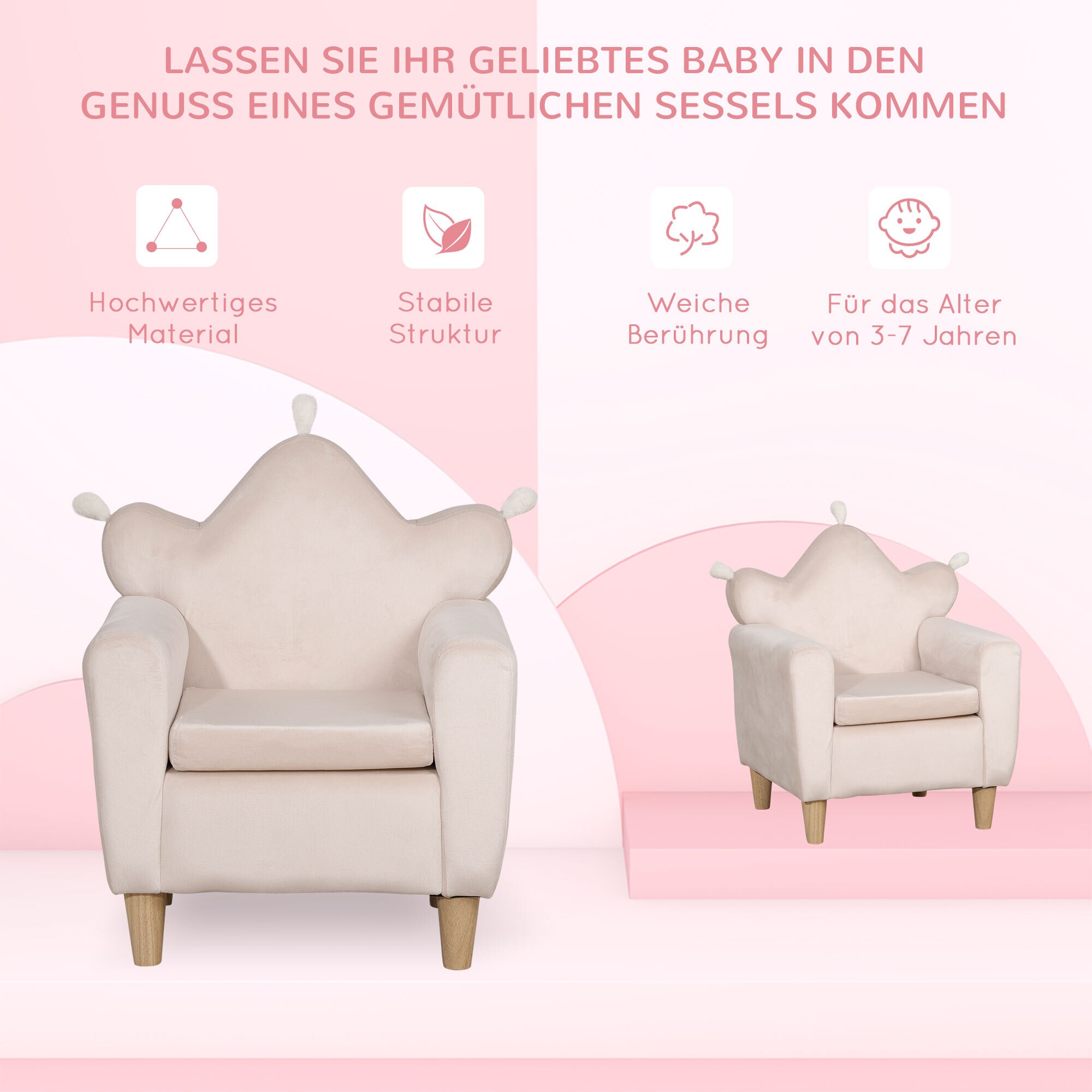 HOMCOM Kindersofa mit Sitzkissen rosa 50L x 42B x 58H cm