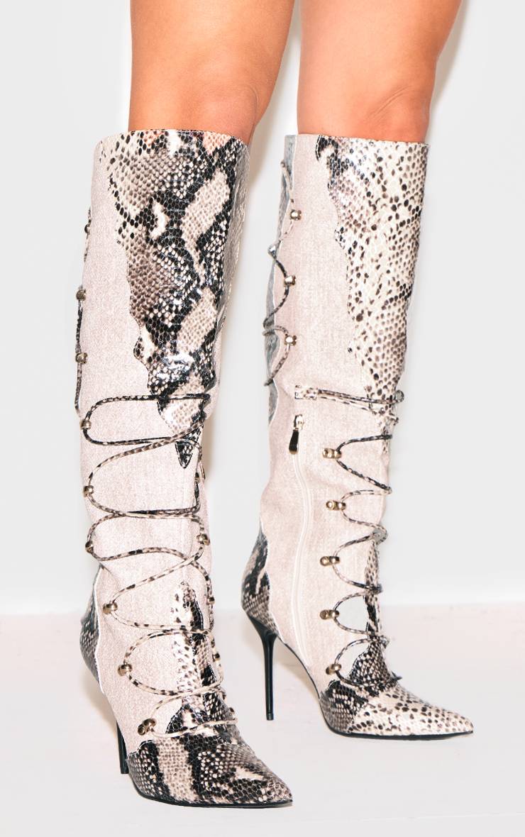 Snake Print Bottes Hautes À Talon Aiguille Et Bout Pointu En Synthétiquecuir