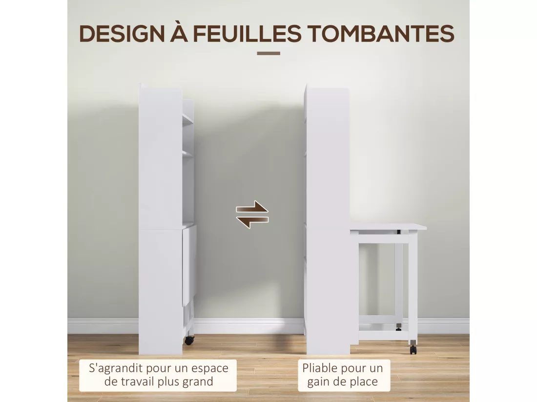 Bureau mural pliable table murale rabattable suspendue sur pied avec bibliothèque 3 étagères MDF blanc