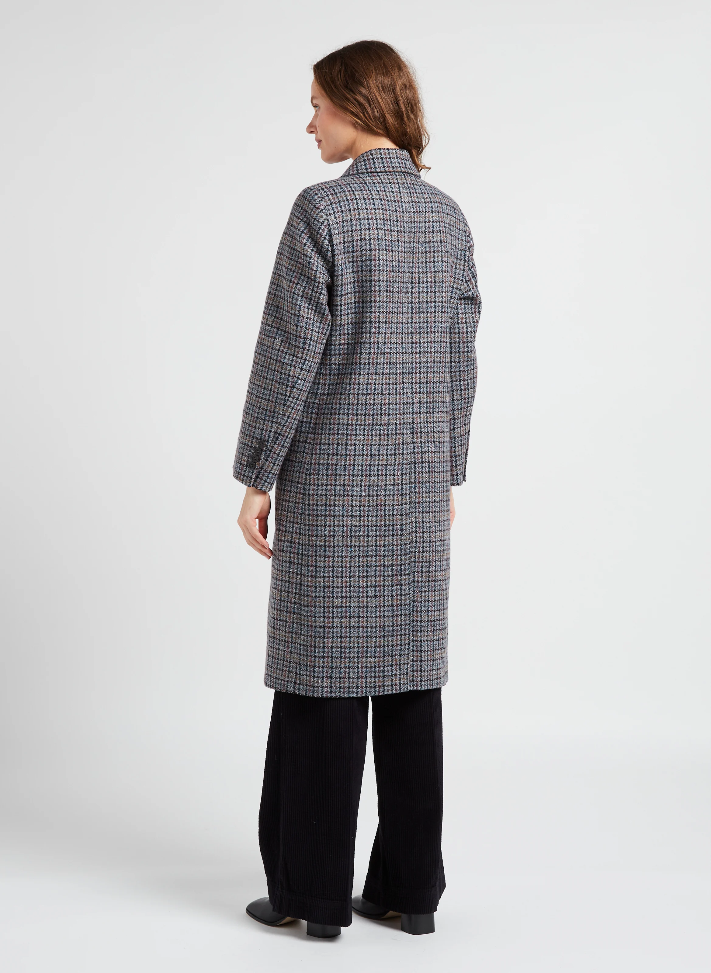 RODEZ - Manteau long col tailleur à carreaux en laine mélangée | Bleu