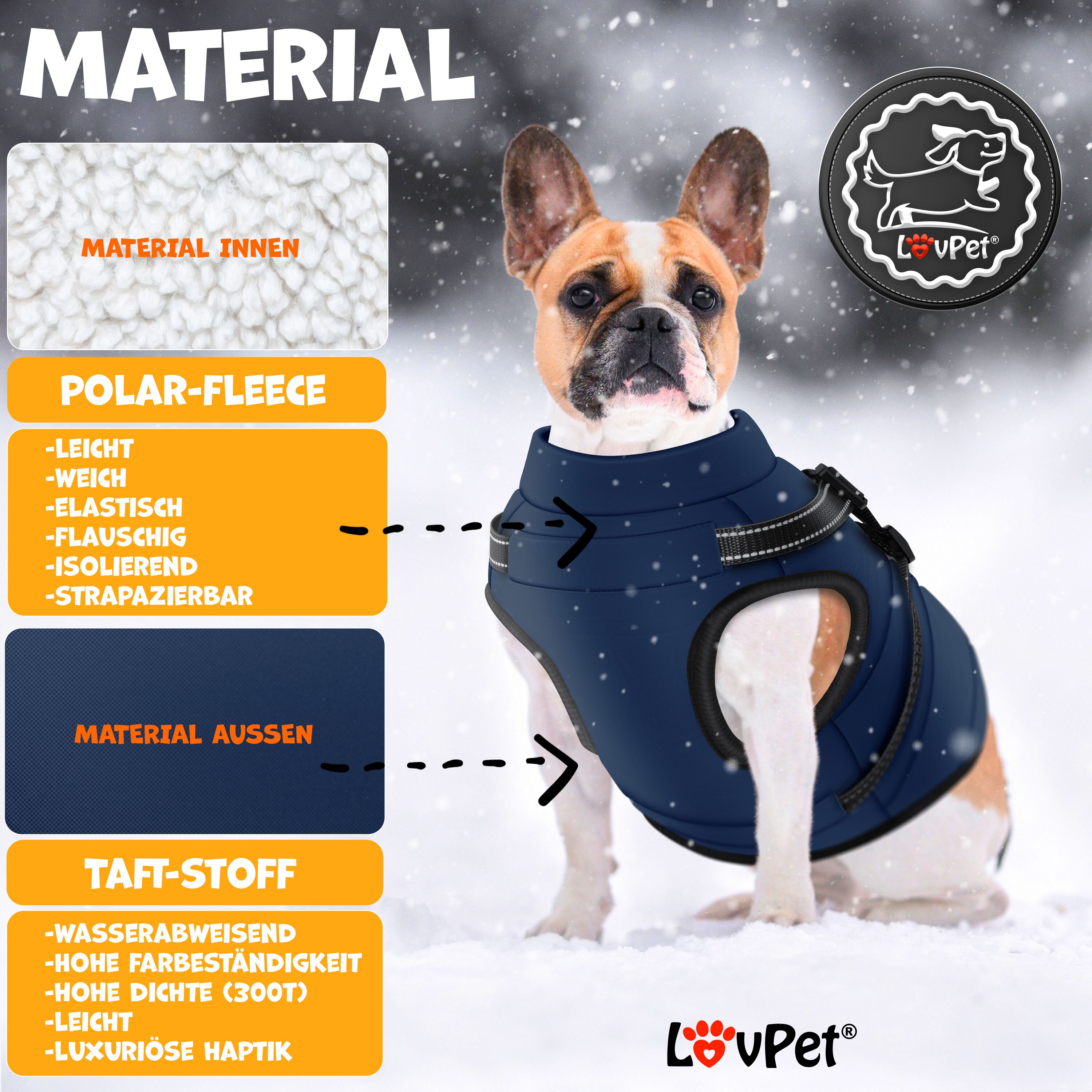 LOVPET® Hundejacke Hundemantel mit Geschirr, inkl. 45 Stück Kotbeutel + Spender, Hunde Winterweste gefüttert wasserdicht, Gepolsterte Weste Mit Brustgurt, Reflektoren, D-Ring