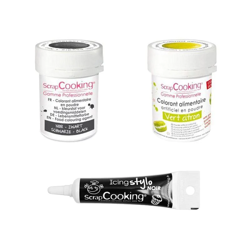 2 colorants alimentaires noir-vert citron + Stylo glaçage noir Scrapco