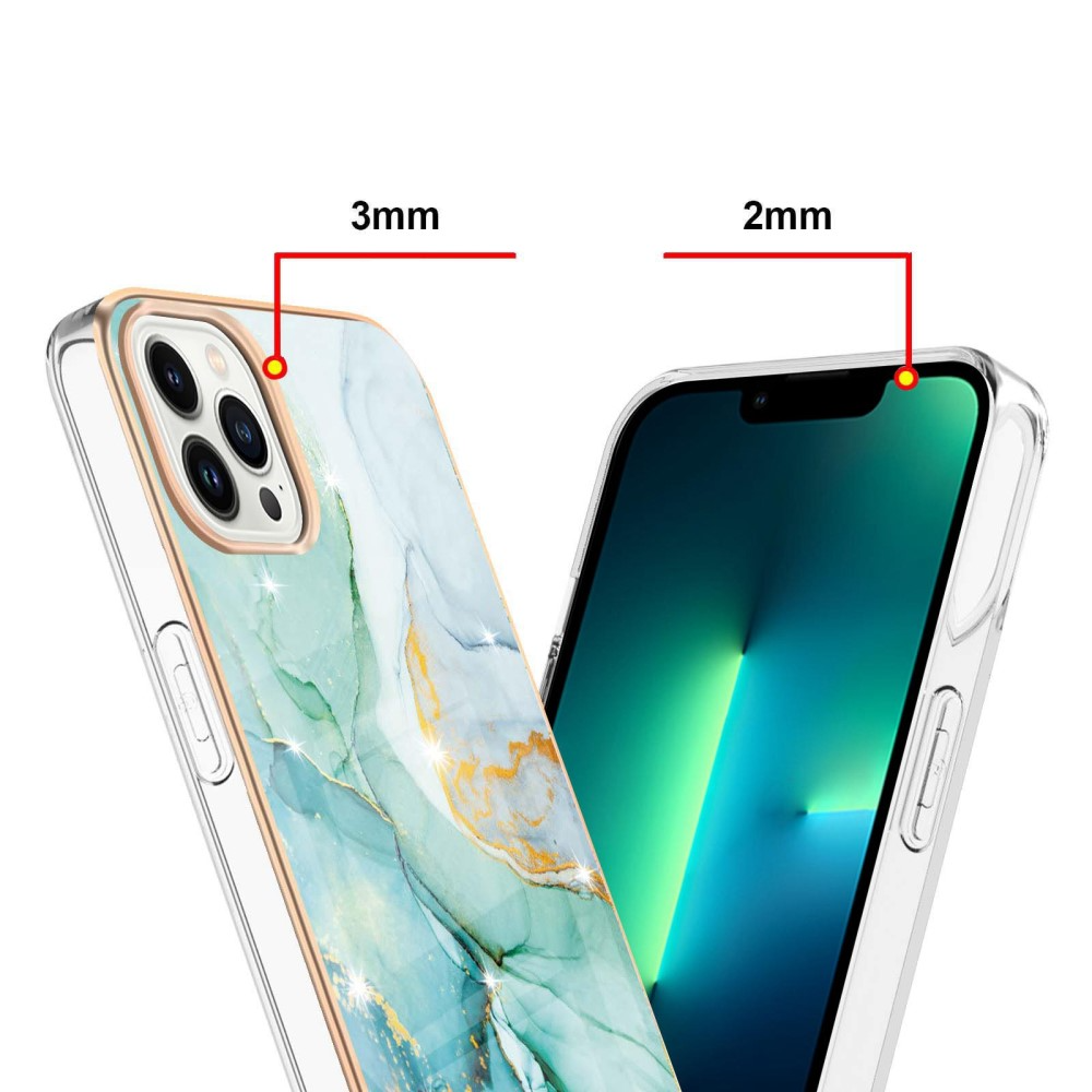 iPhone 14 Pro Max Gummi Case Hülle Galvanisierter Rahmen Marble Marmor Design - Türkis / Roségold