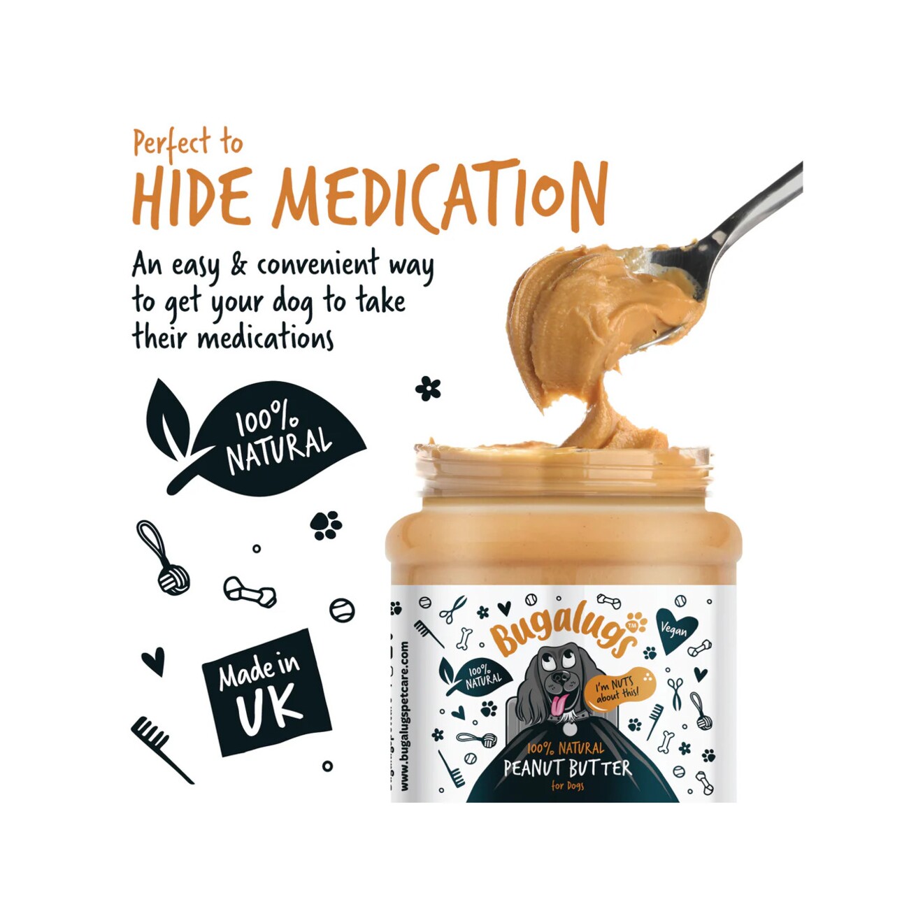 Bugalugs 100% Natürliche Erdnussbutter für Hunde Proteinreicher Snack ohne Zucker, Salz & Palmöl
