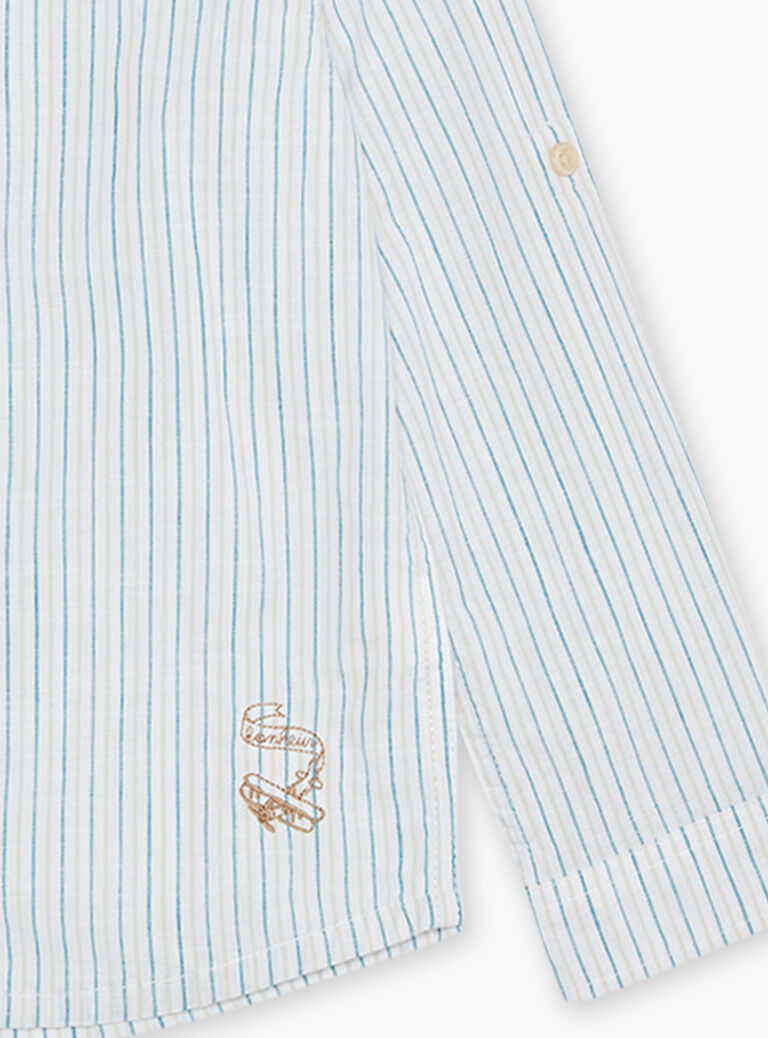Chemise à rayures bleu, beige et blanc