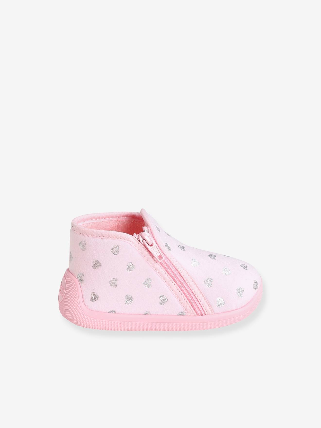 Pantufas de casa com zíper para bebê menina, fabricadas na França, estampa rosa claro