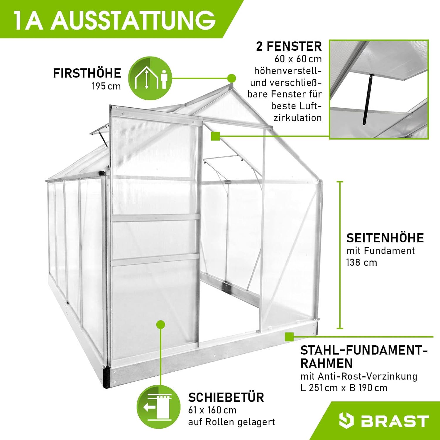 BRAST Gewächshaus Aluminium mit Fundament | 42 Modelle | 130x190x195cm - 490x250x235cm | TÜV geprüft | 6mm Hohlkammerplatten | rostfrei wetterfest temperaturbeständig | 250x190x195cm Silber