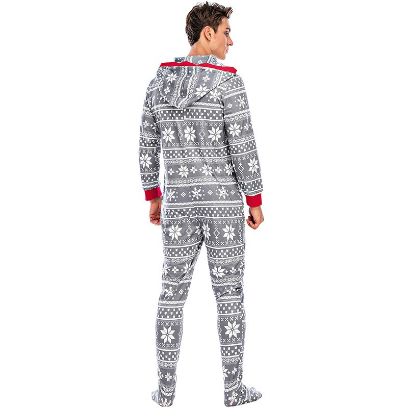 (Gr. L) Herren Christmas Pyjama Overall Winter Jumpsuit mit Kapuze - Grau / Weiss / Rot
