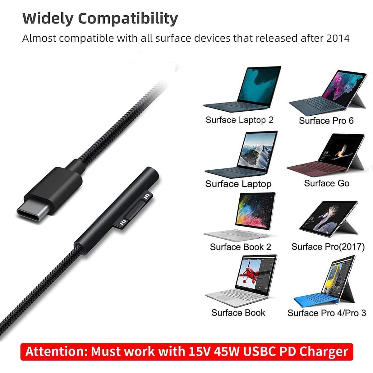 NÖRDIC 1m Ladekabel for Microsoft Surface 15V3A 45W