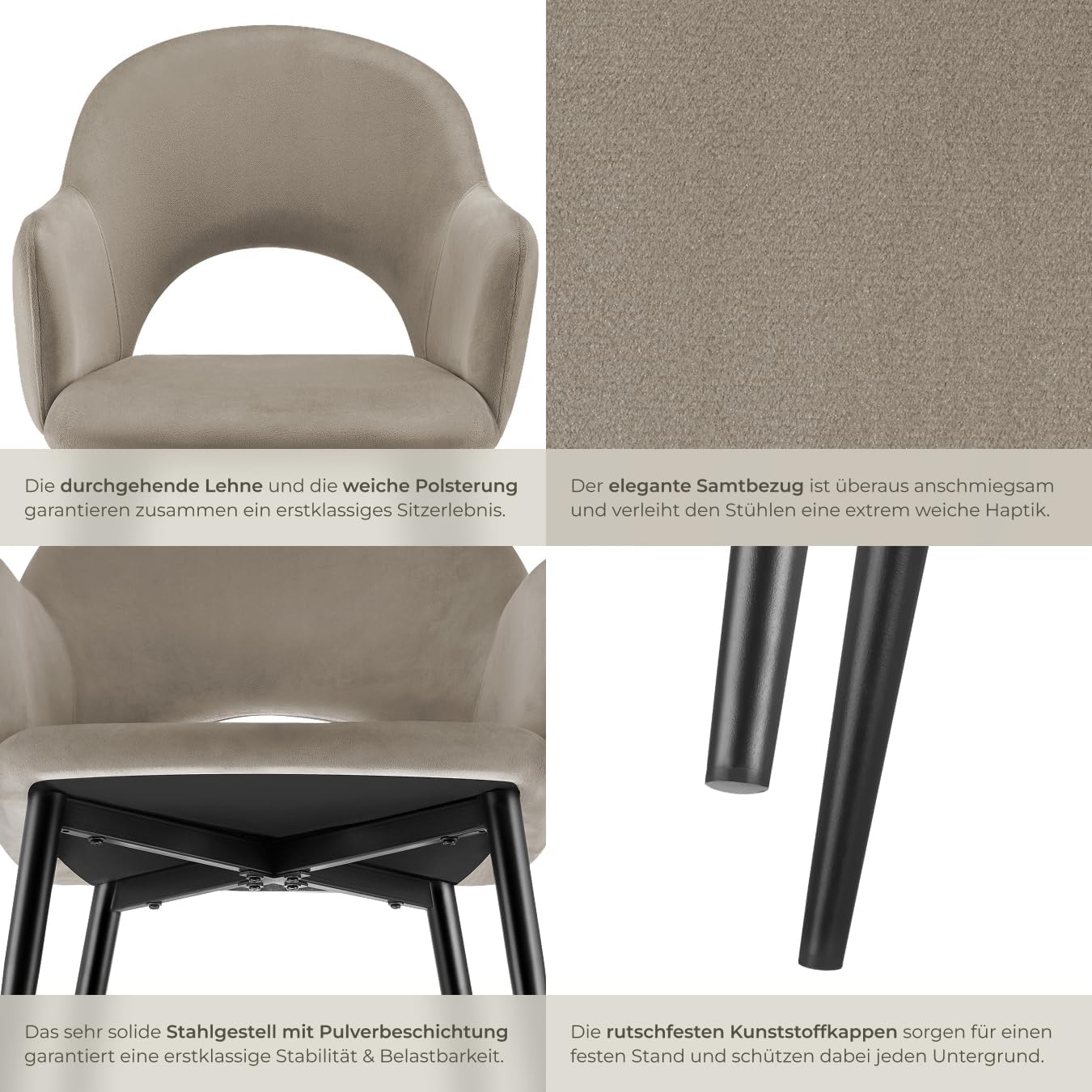 tectake® 2er Set Armlehnstuhl in Samtoptik, gepolsterte Esszimmerstühle, bis 120 kg belastbar, Stühle Esszimmer mit komfortabler Polsterung, Küchenstuhl, Esszimmerstuhl mit Stahlbeinen - Taupe