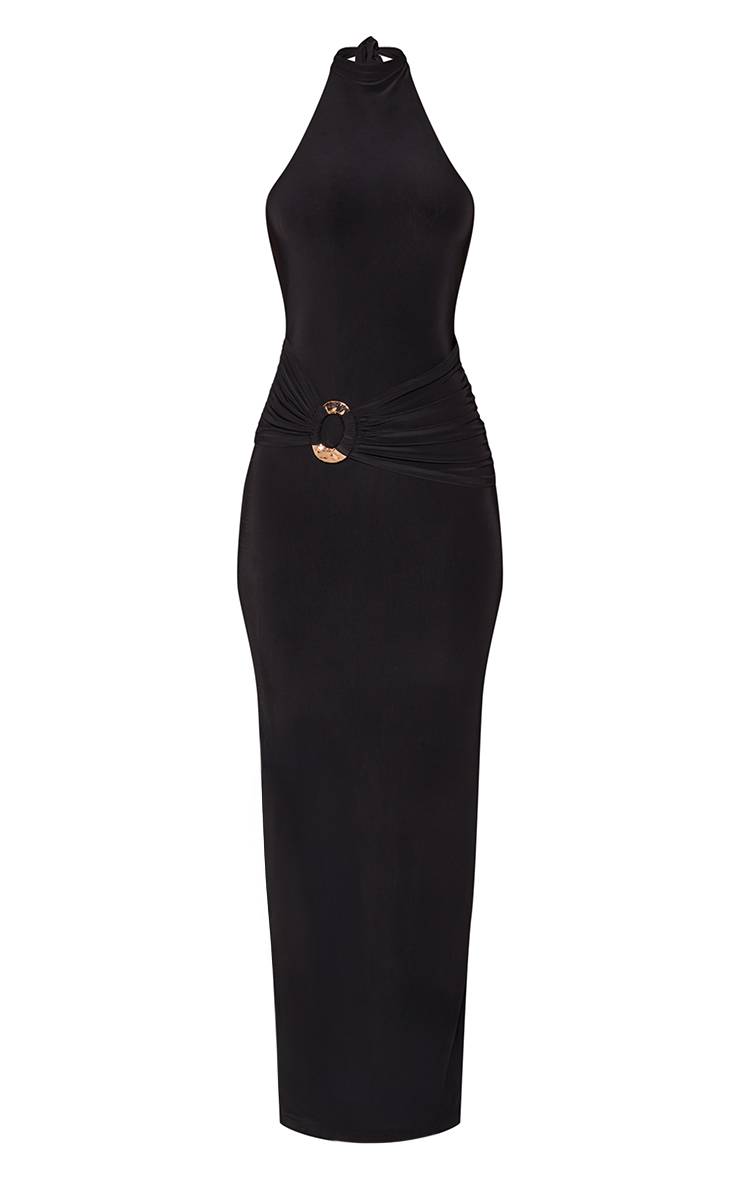 Noir Robe Longue Moulante À Col Montant Avec Détail De Finition Et Dos Nu