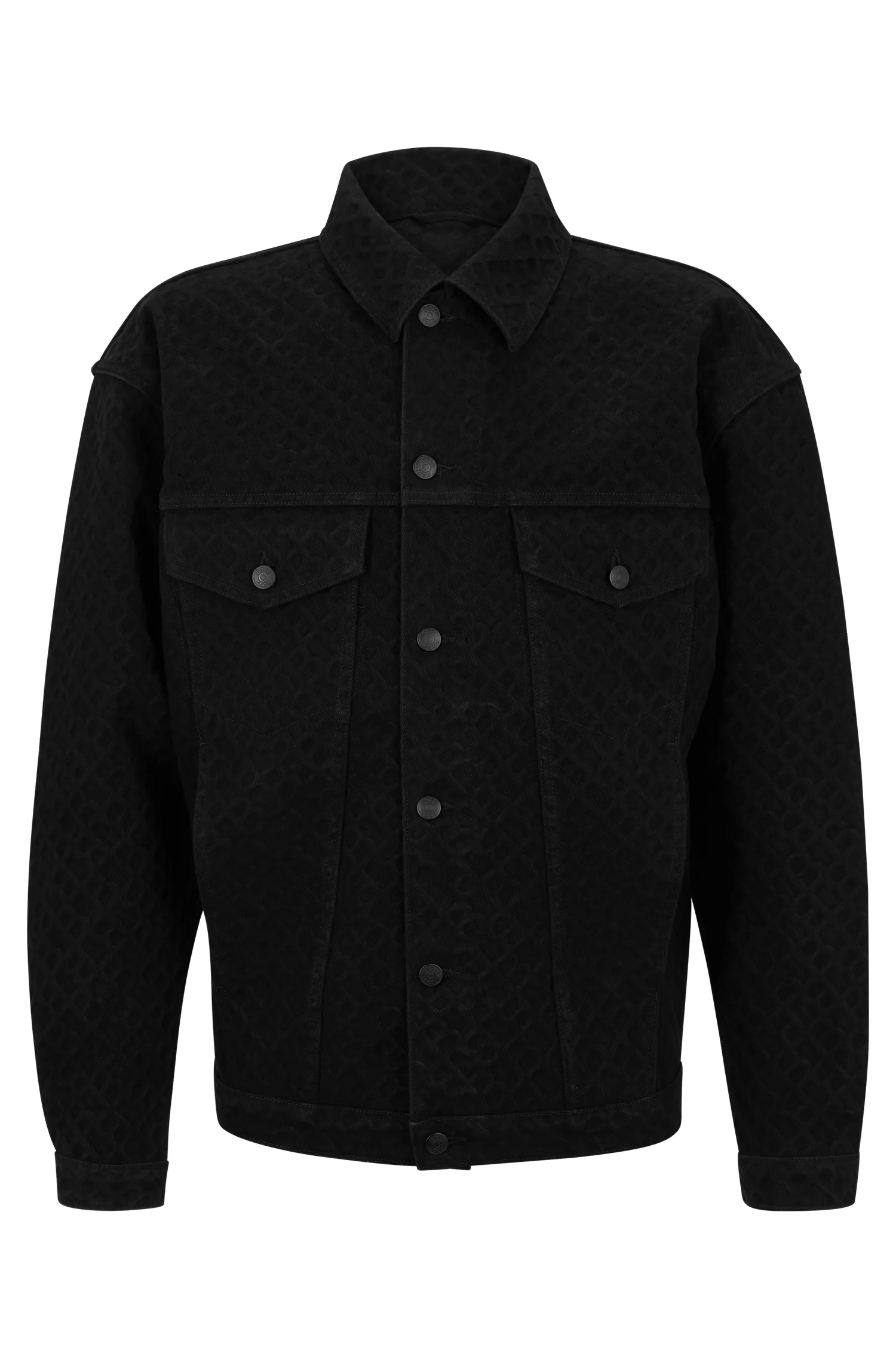 Jaqueta BOSS preta de corte regular em denim de algodão com monograma em relevo