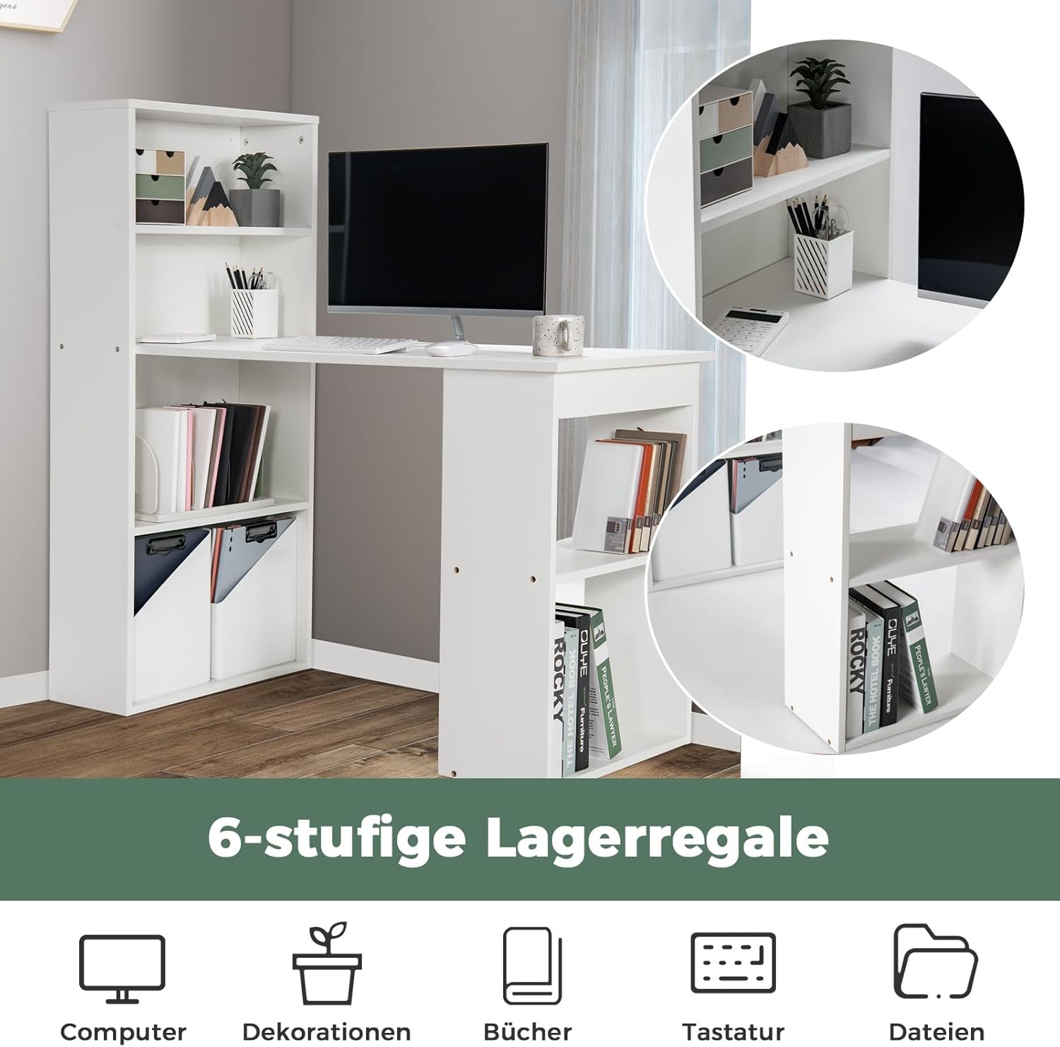 COSTWAY Schreibtisch mit Bücherregal, Computertisch mit 6 Regalen, PC-Tisch mit Regal rechts oder Links, Bürotisch, Arbeitstisch für Zuhause, Büro und Wohnheim, 122 x 56 x 122 cm, Weiß