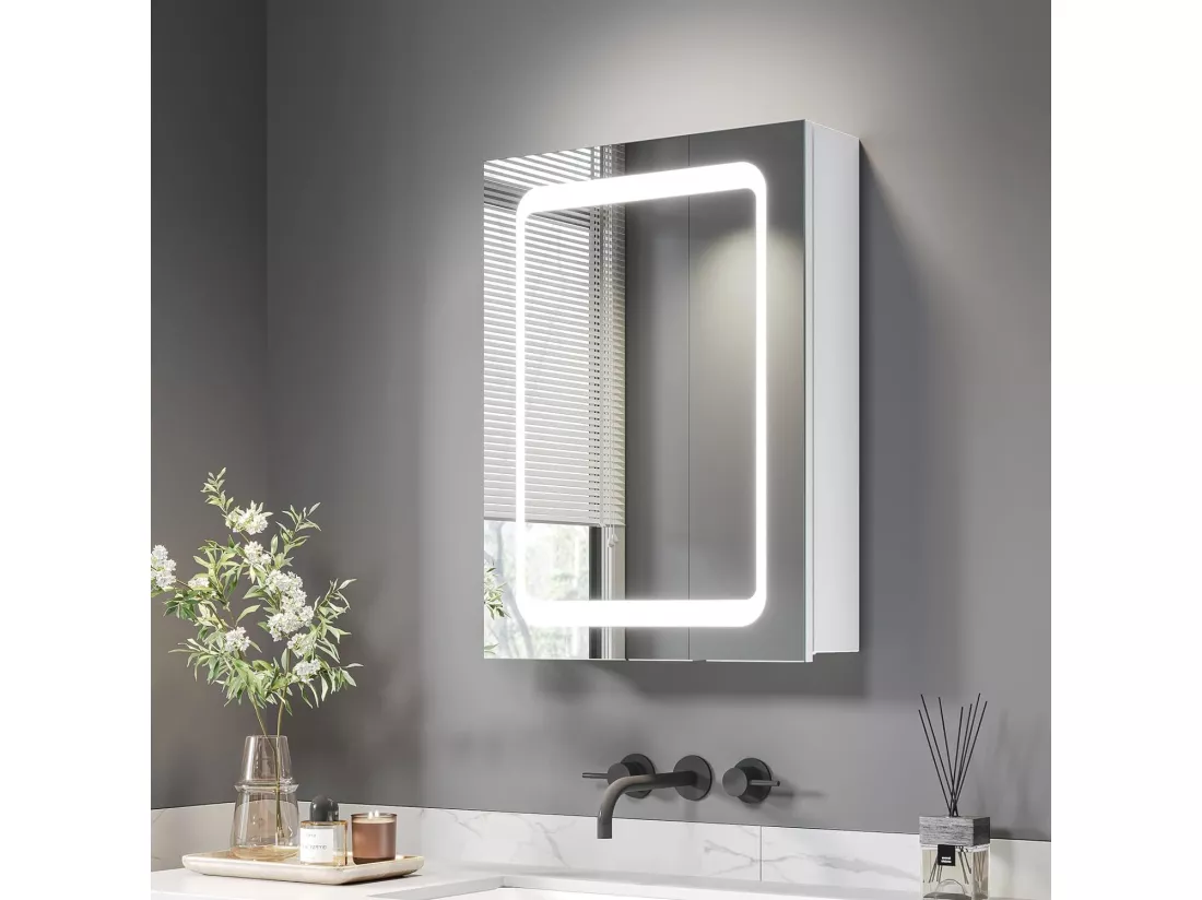 Armoire miroir de salle de bain avec éclairage, Armoire Murale avec miroir, interrupteur à capteur, Antibuée, 45x60x13cm - Blanc