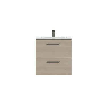 Tiger Studio badkamermeubel 60 cm naturel eiken met wastafel polybeton hoogglans wit greep rvs rechthoekig