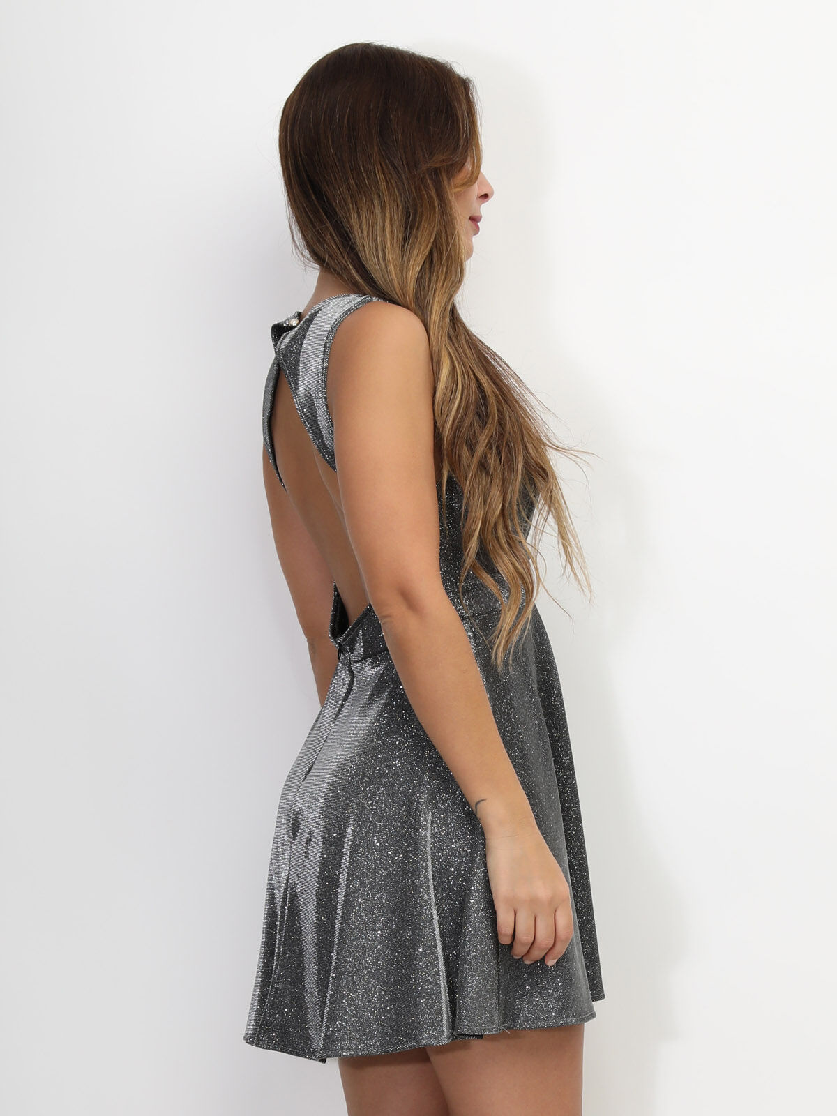 Robe patineuse dos nu à paillettes- Gris foncé