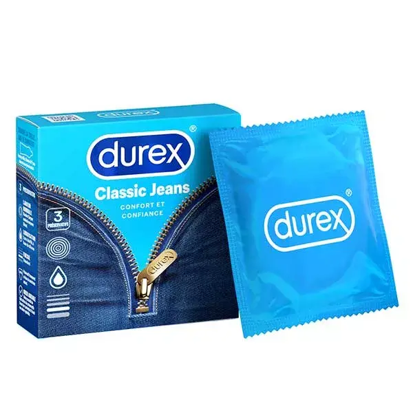 Camisinhas lubrificadas Durex Classic Jeans Comfort and Confidence, pacote com 3 unidades.