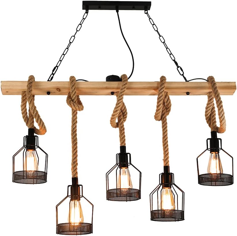 Vintage Pendelleuchte Esstischlampe Holz Kronleuchter Höhenverstellbar Hängelampe Hanfseil DIY Verstellbare Hängeleuchte Industrial Retro Eisen Pendelampe Wohnzimmer Küche Bar Deckenleuchte E27*5 (A)