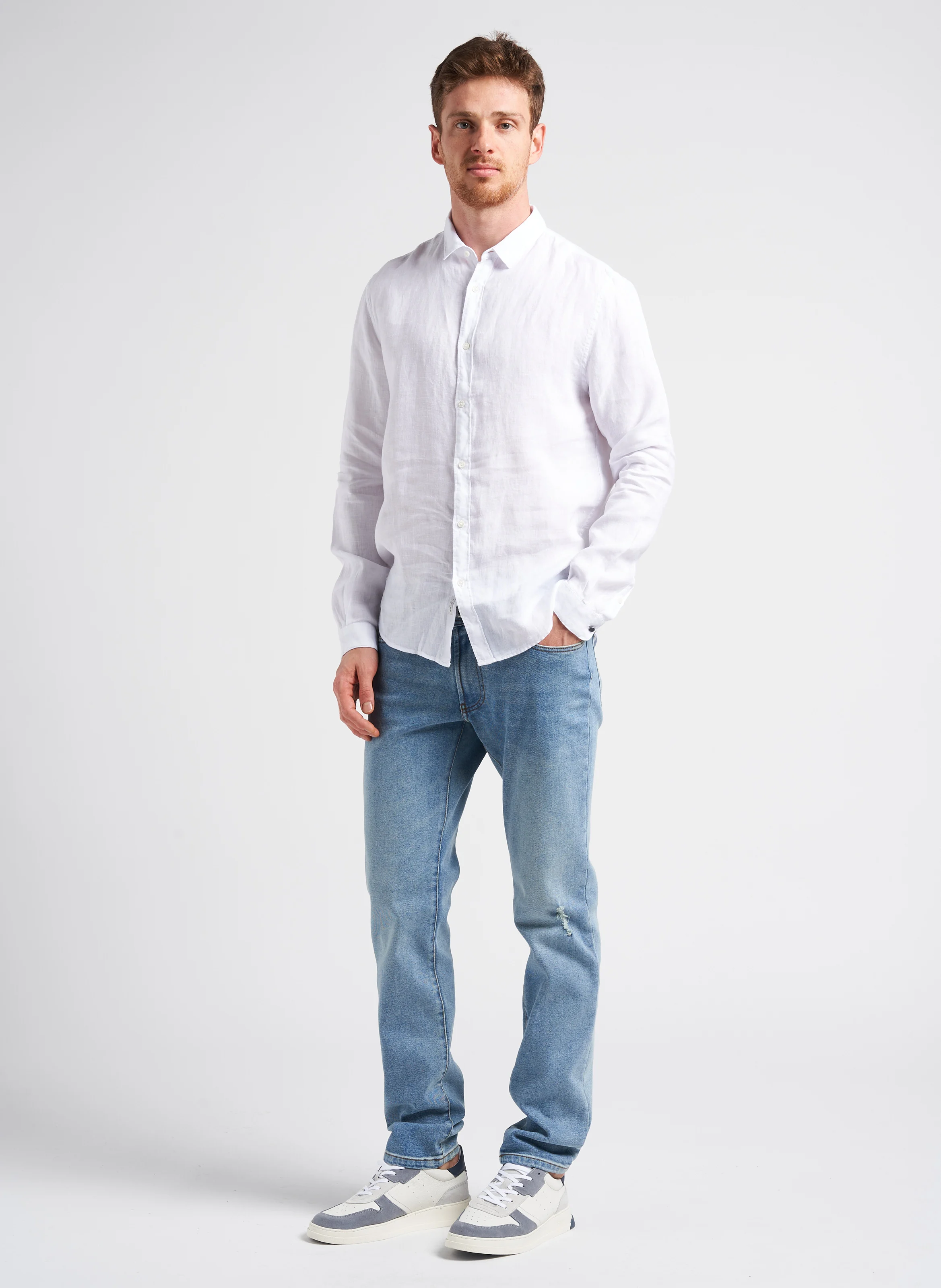 Chemise slim-fit col classique en lin| Blanc