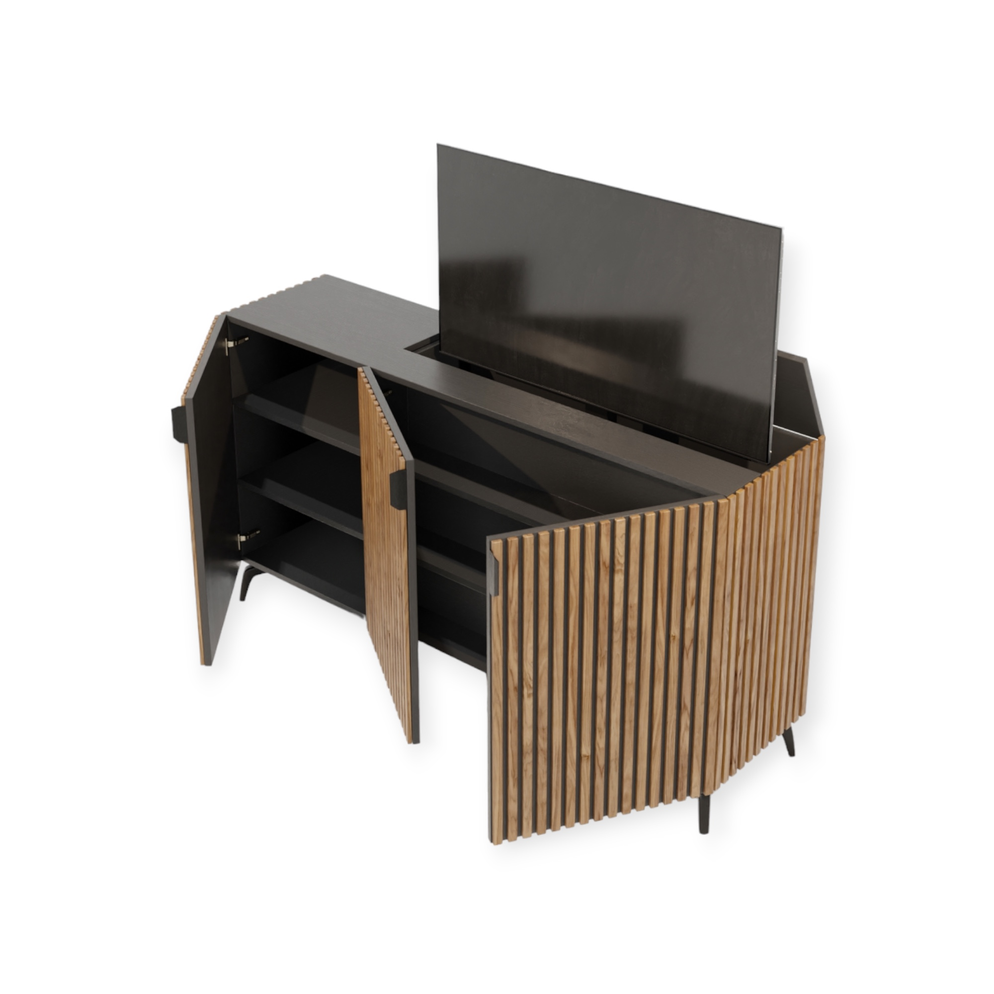 TV lift meubel Modern Latjes 43 inch 3 deurs rondom afgewerkt met latjes