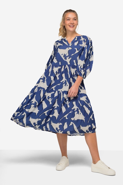 Kleid, A-Line, allover Print, Tunika-Ausschnitt, 3/4-Ärmel, OEKO-TEX