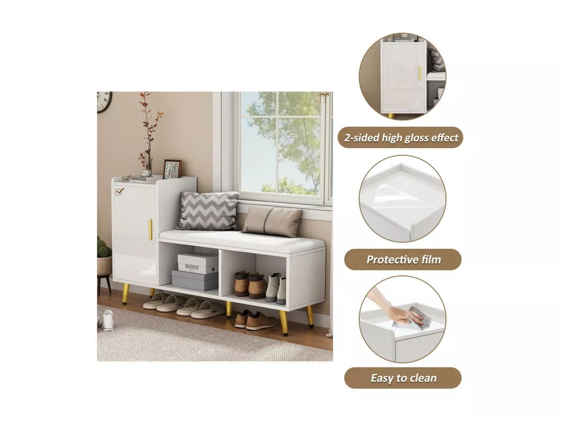 Meuble à chaussures - rangements à plusieurs niveaux & assise rembourrée - Blanc