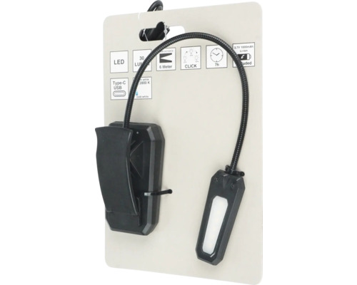 LED-klemlamp, leeslamp, op batterijen, 30 lm met 50 cm USB-C-kabel