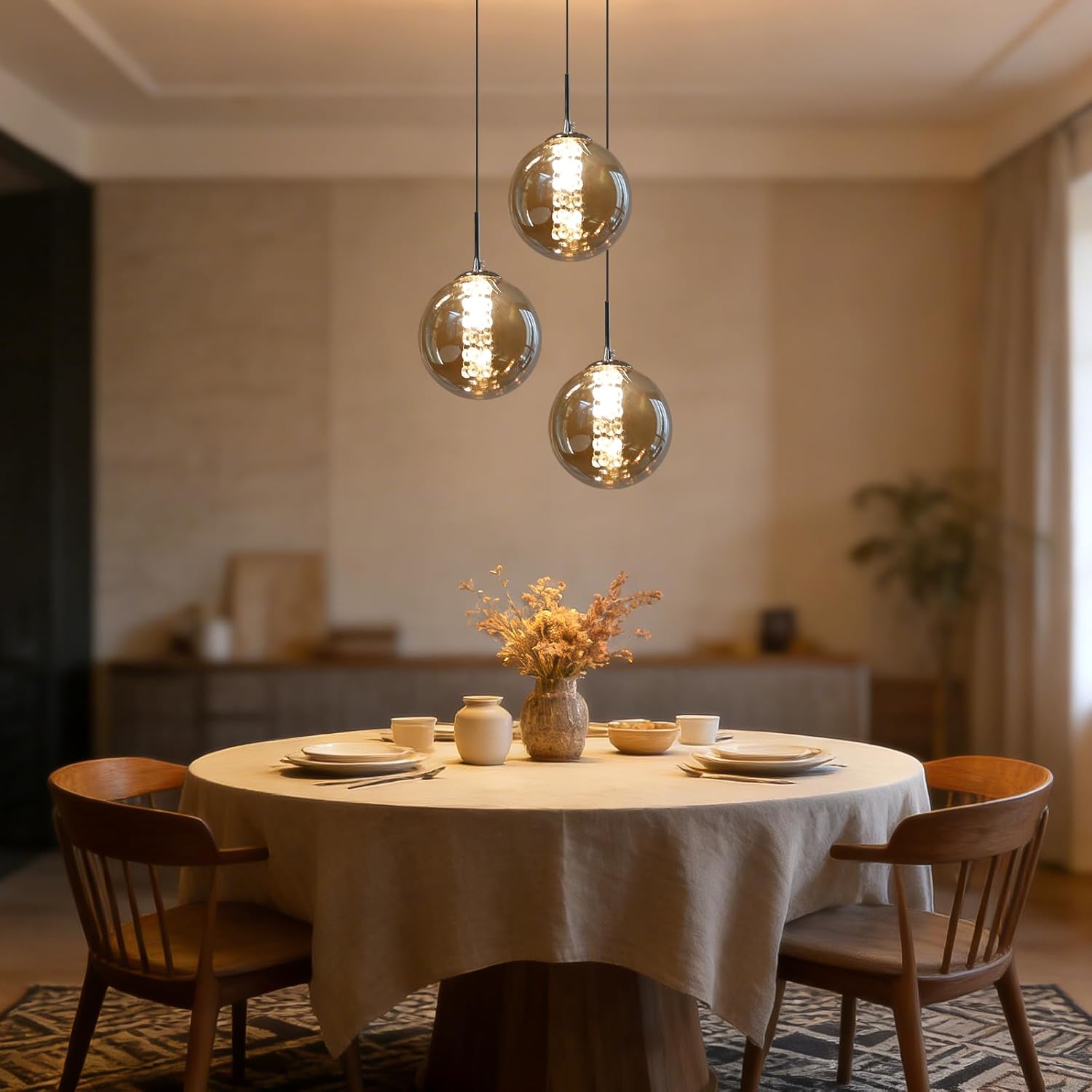 Pendelleuchte esstisch Pendellampe Höhenverstellbar Kronleuchter Hängeleuchte 3-Flammig aus Glas in Farbe Bernstein Küchen Wohnzimmerlampe Schlafzimmerlampe Flurlampe