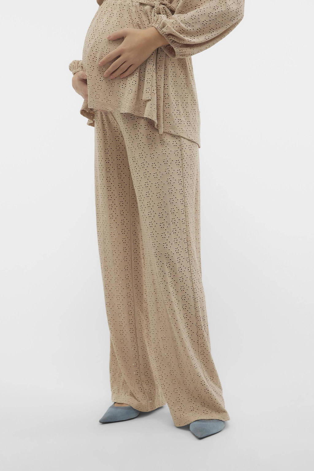 MAMALICIOUS loose fit broek met ingebreid patroon beige