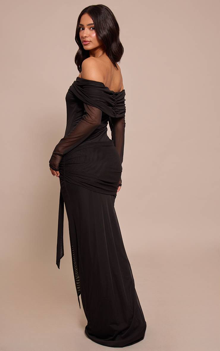 Noir Robe Longue Maxi Bardot Asymétrique À Manches Longues Petite
