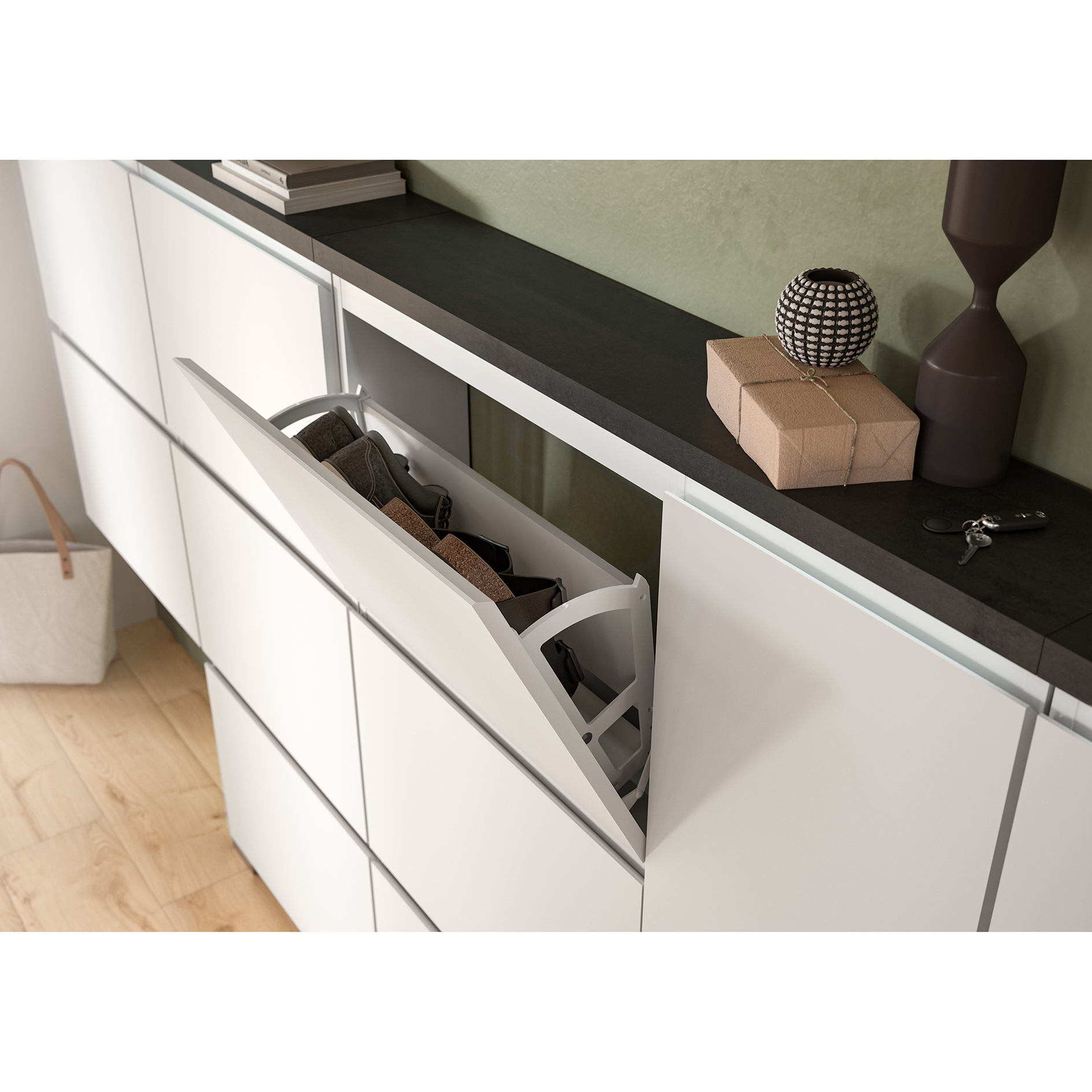 Schuhschrank SHOELOVE - weiß-Industrial grau - 130 cm hoch
