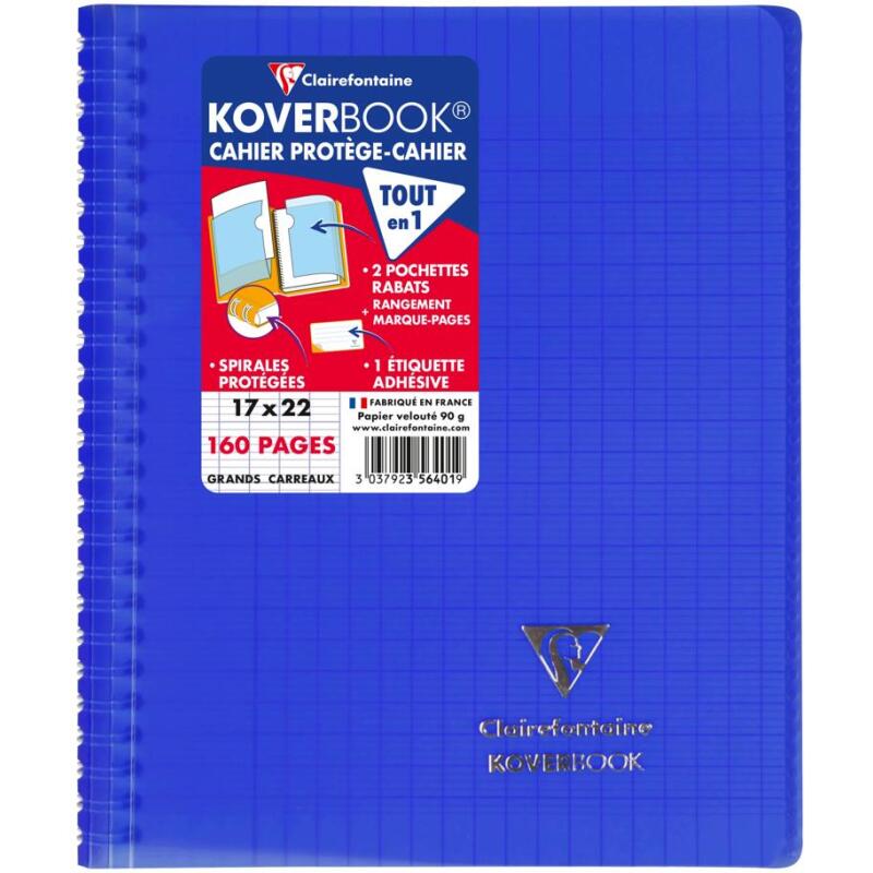 Cahier reliure intégrale enveloppante Koverbook 17x22cm 160 pages grands carreaux couverture polypropylène transparent - Assortis
