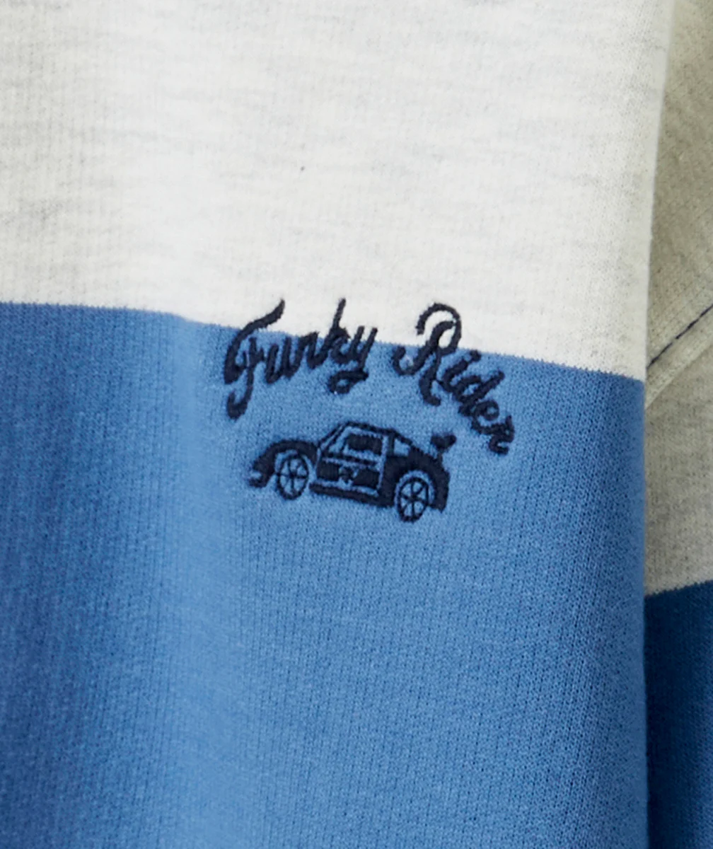 SWEAT GARÇON EN FIBRES RECYCLÉES AVEC RAYURES ET MESSAGE BRODÉ