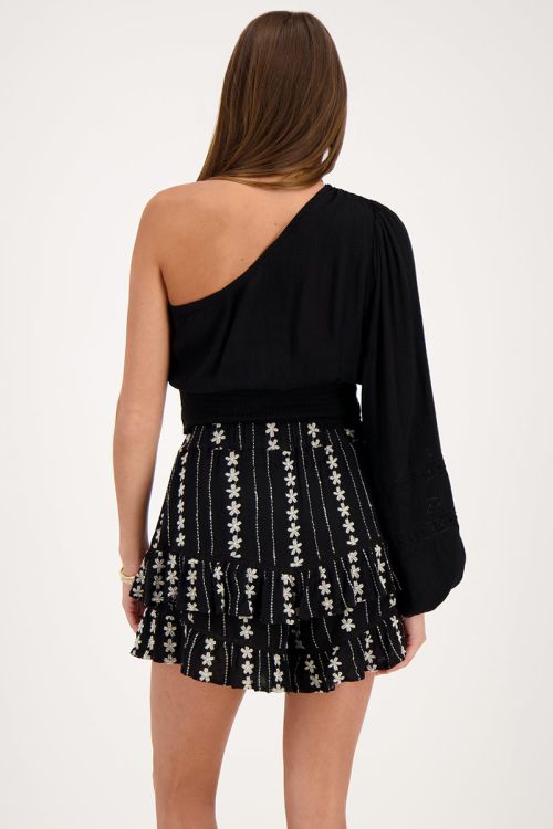Zwarte one-shoulder top met smock en tapes