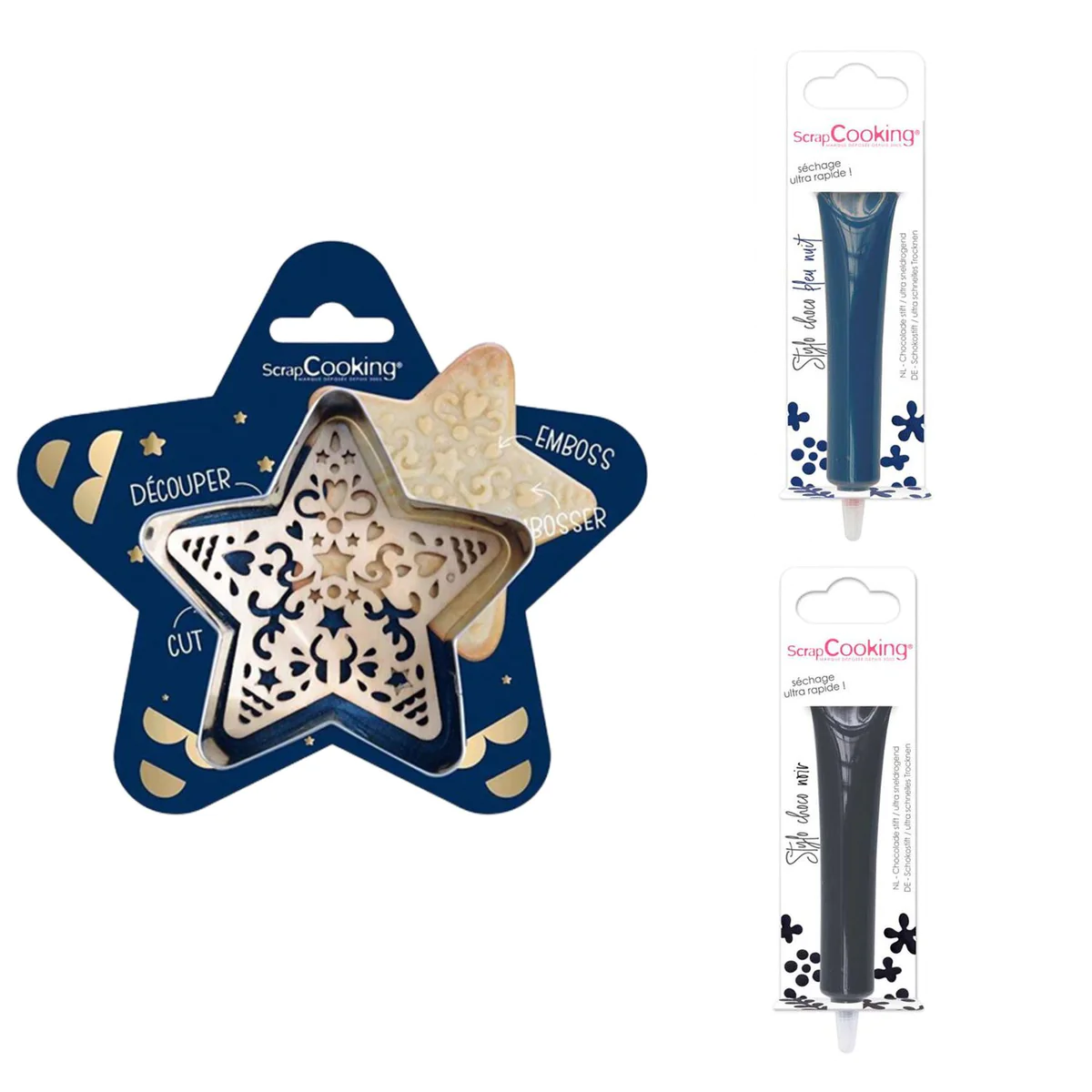 Kit pour biscuit en relief Étoile + 2 Stylos au chocolat bleu nuit et