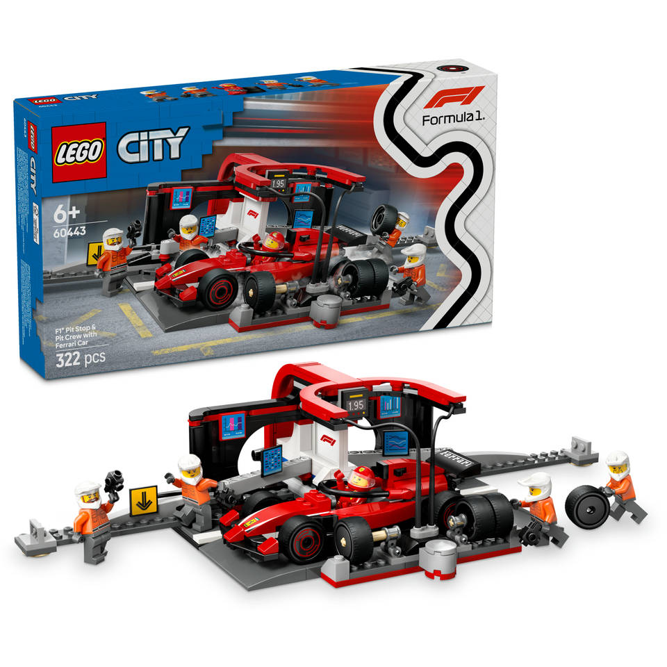 LEGO City F1 pitstop en pitcrew met Ferrari auto 60443