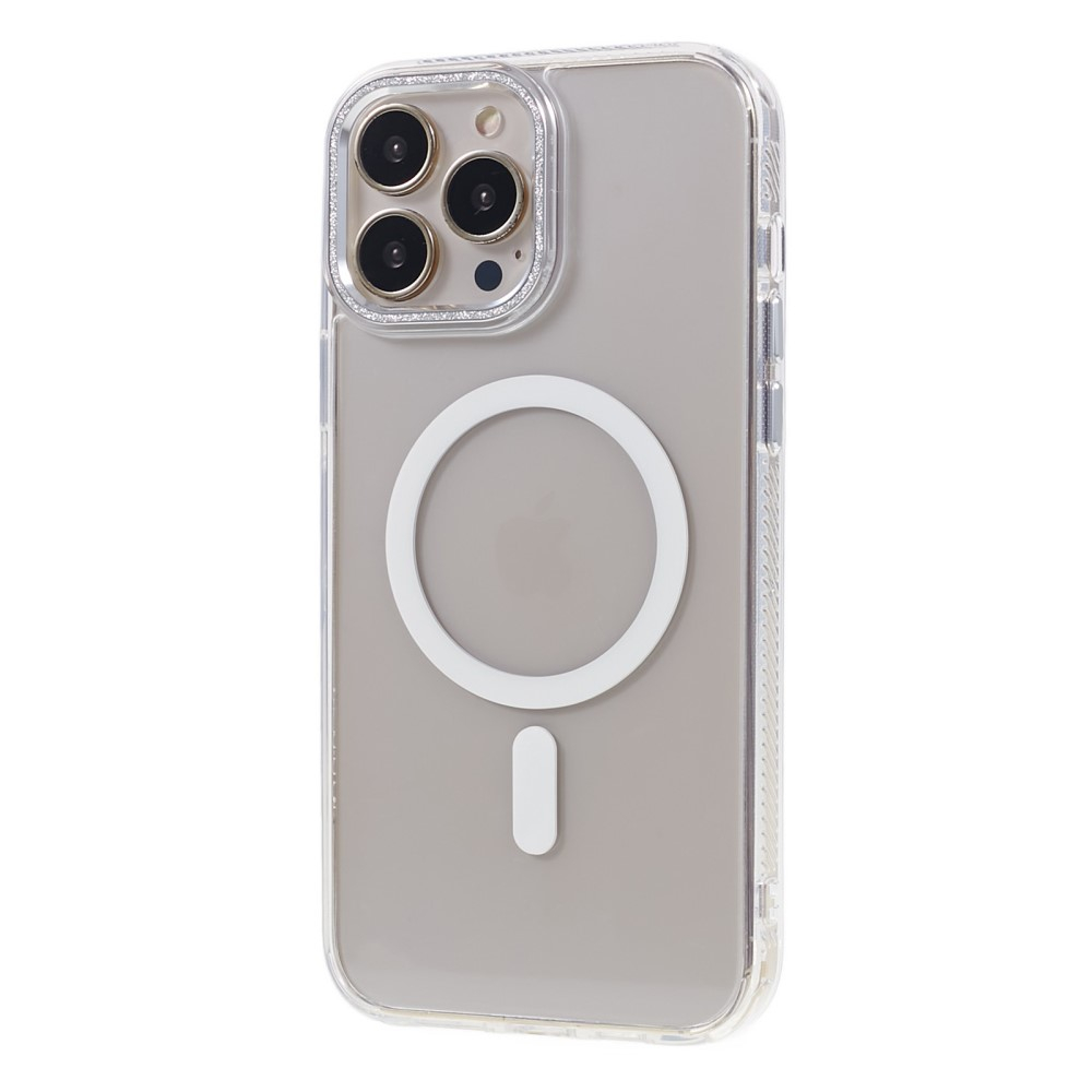 iPhone 14 Pro Max MagSafe Gummi Case Hülle mit Glitzer Aluminium Kameraschutz - Weiss / Transparent