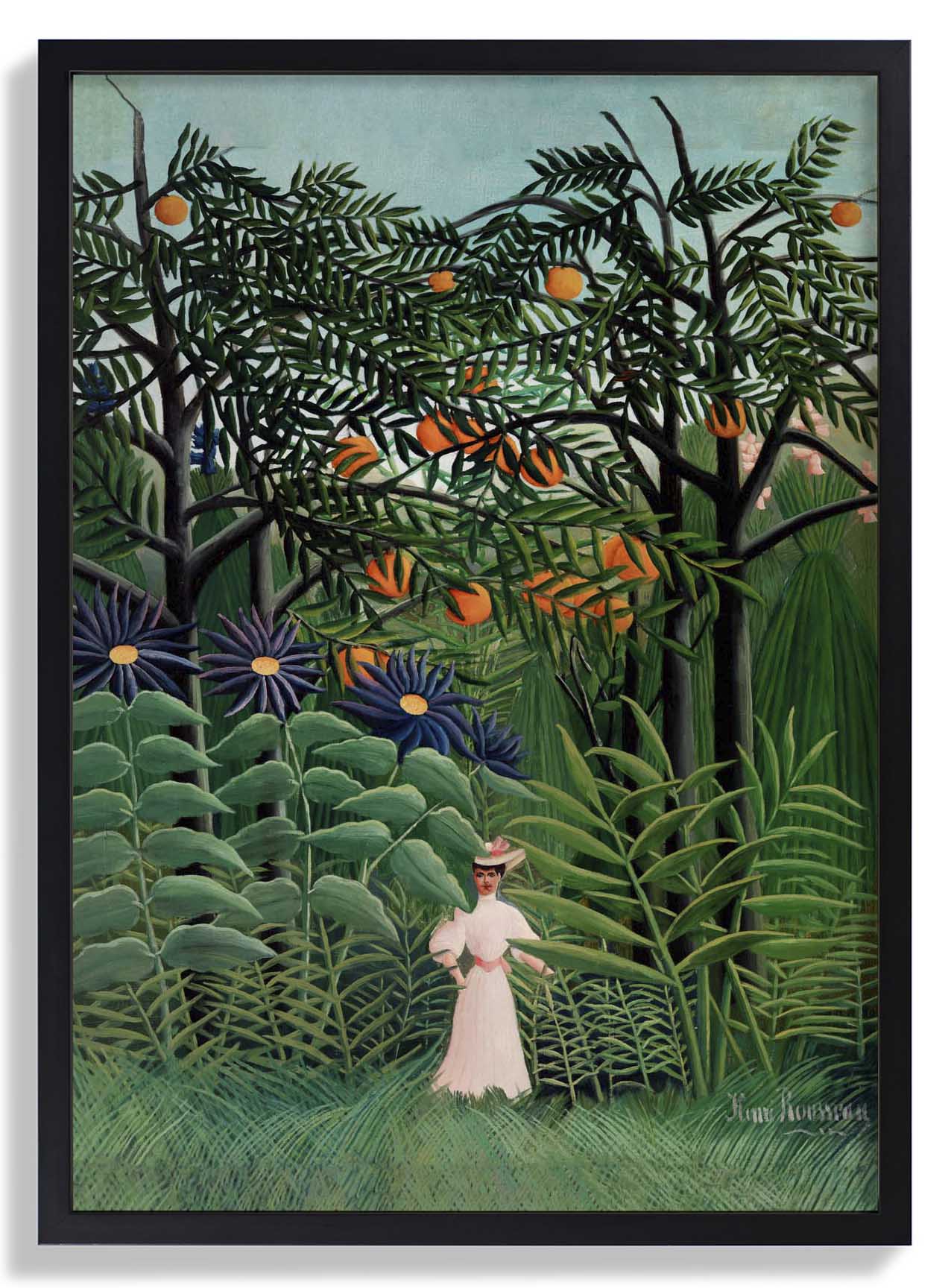Frau, die in einem exotischen Wald von Rousseau Art Print spazieren geht