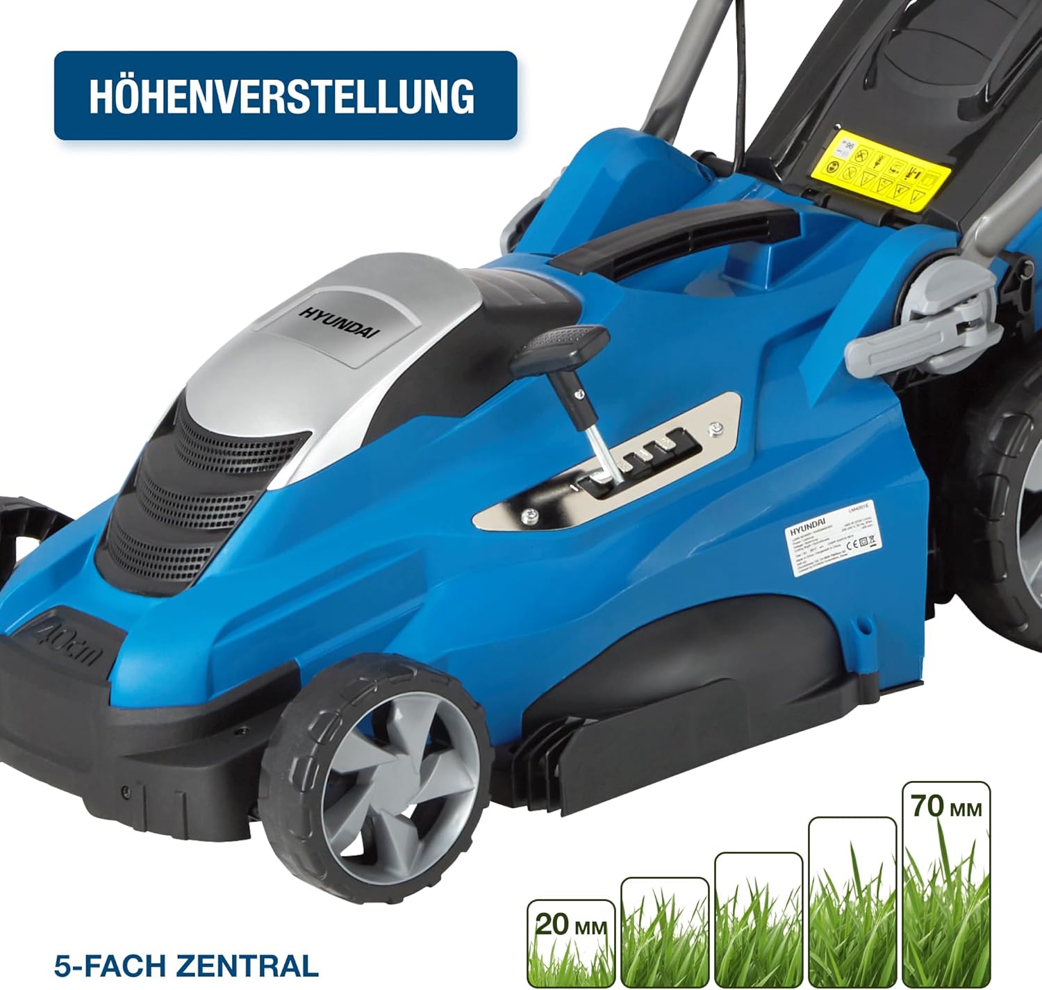 HYUNDAI Elektro-Rasenmäher LM4001E mit Mulchfunktion, Elektromäher, Mulcher, Mäher (40cm, 1800W, 50L Korb, 5-fache zentrale Höhenverstellung)