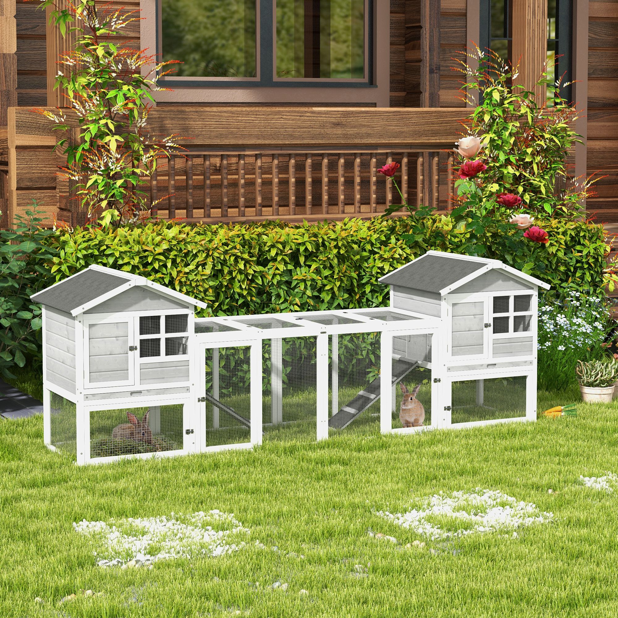 PawHut Kaninchenstall mit herausnehmbarer Bodenwanne grau, weiß 259L x 64B x 92H cm