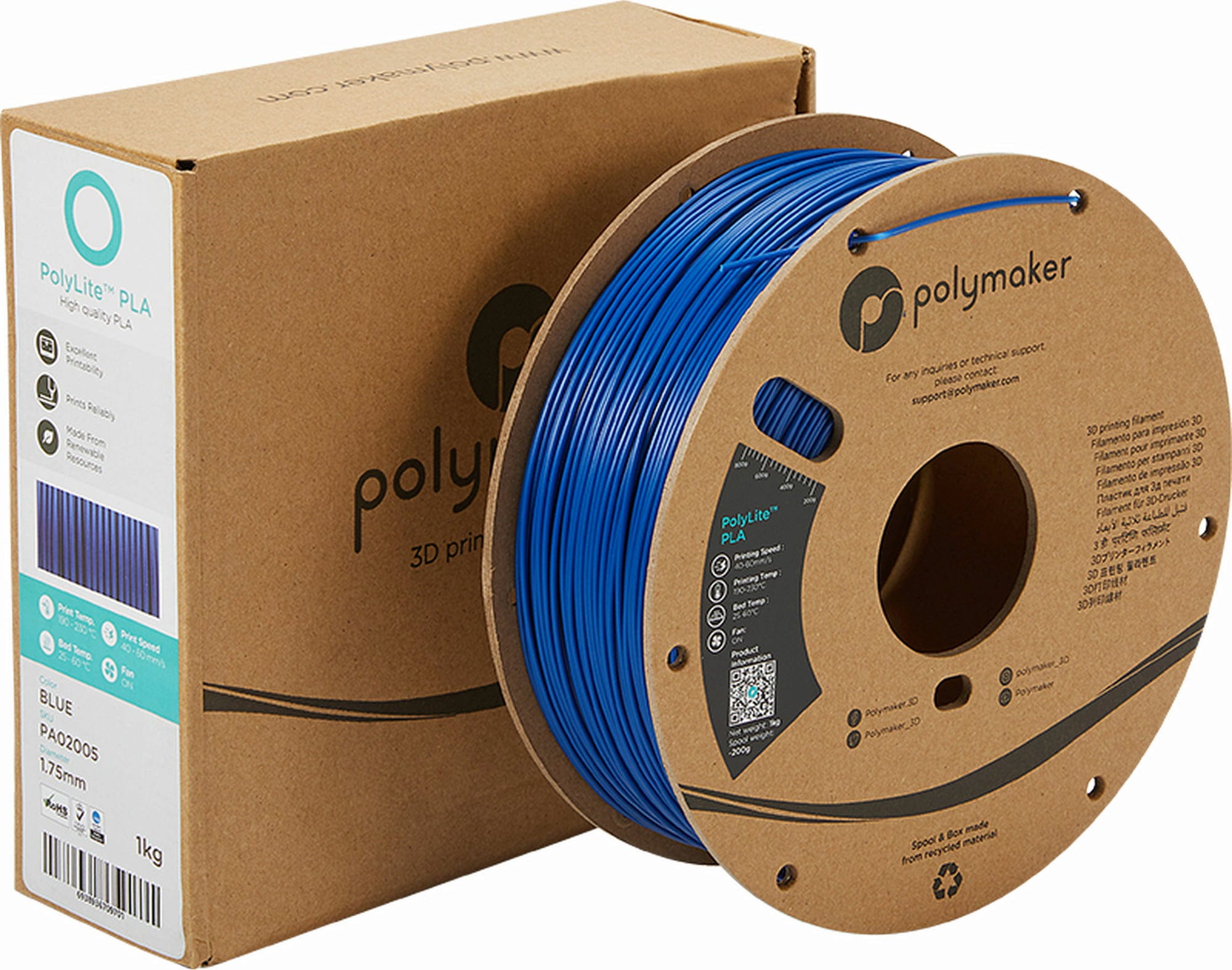 Polymaker  PolyLite PLA Blau, 1,75 mm / 1000 g    Hochwertiges günstiges PLA von Polymaker in Blau