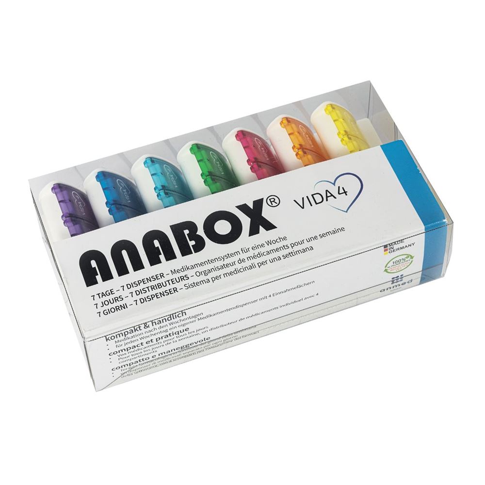 Anabox Medidispenser 7 Tage Vida 4<br>1 Stück, Box, 4 Fächer/Tag deutsch/französisch/italienisch