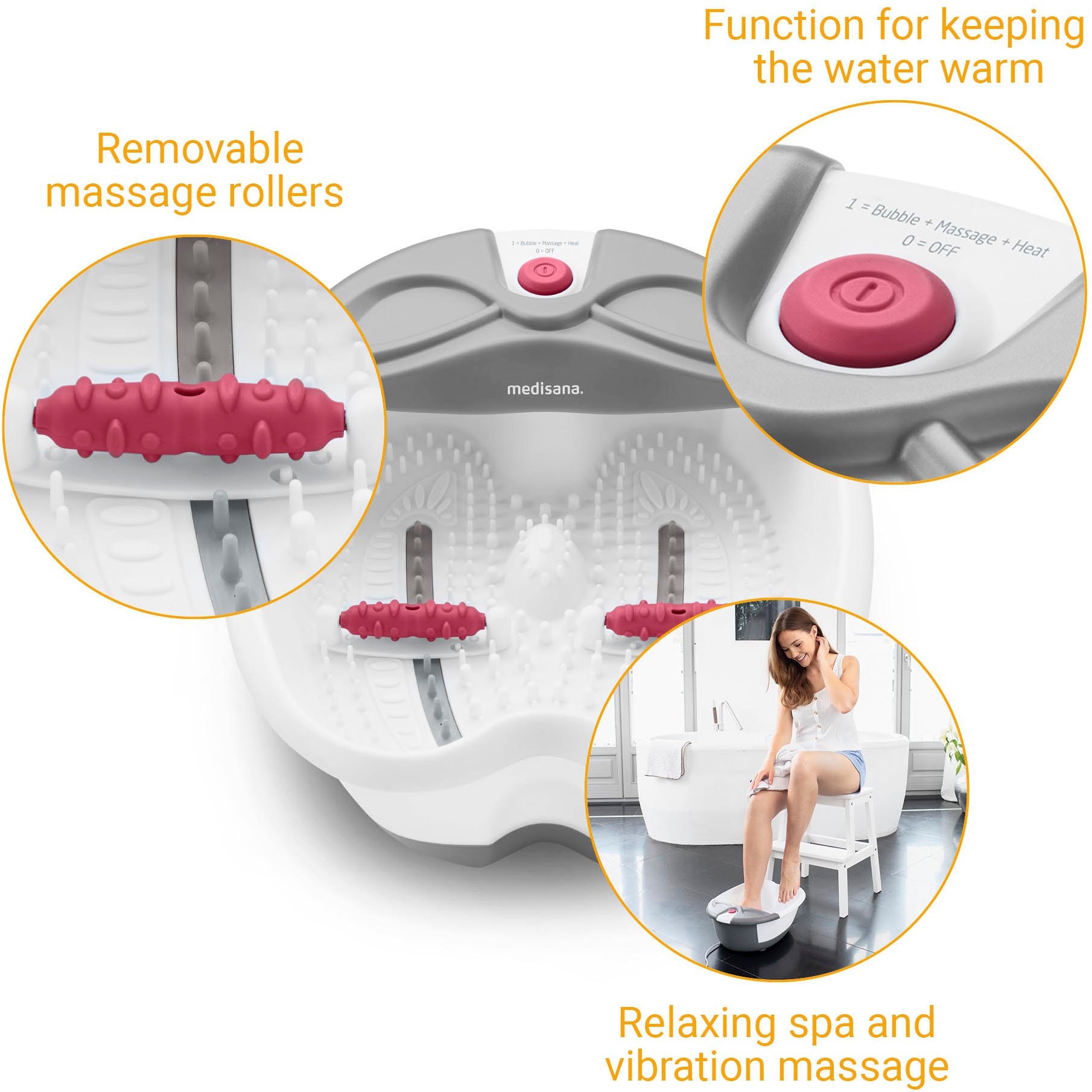 Medisana Fussbad »FS 300« Set, 3-tlg., Sprudel- und Vibrationsmassage, Reflexzonenmassage