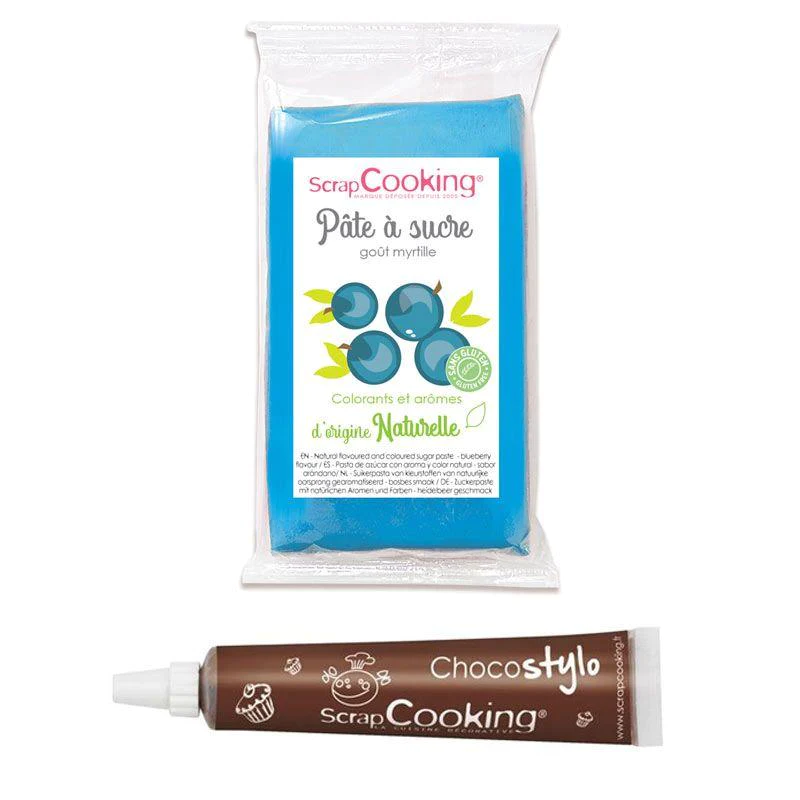 Pâte à sucre bleu 250 g arôme myrtille + Stylo chocolat Scrapcooking