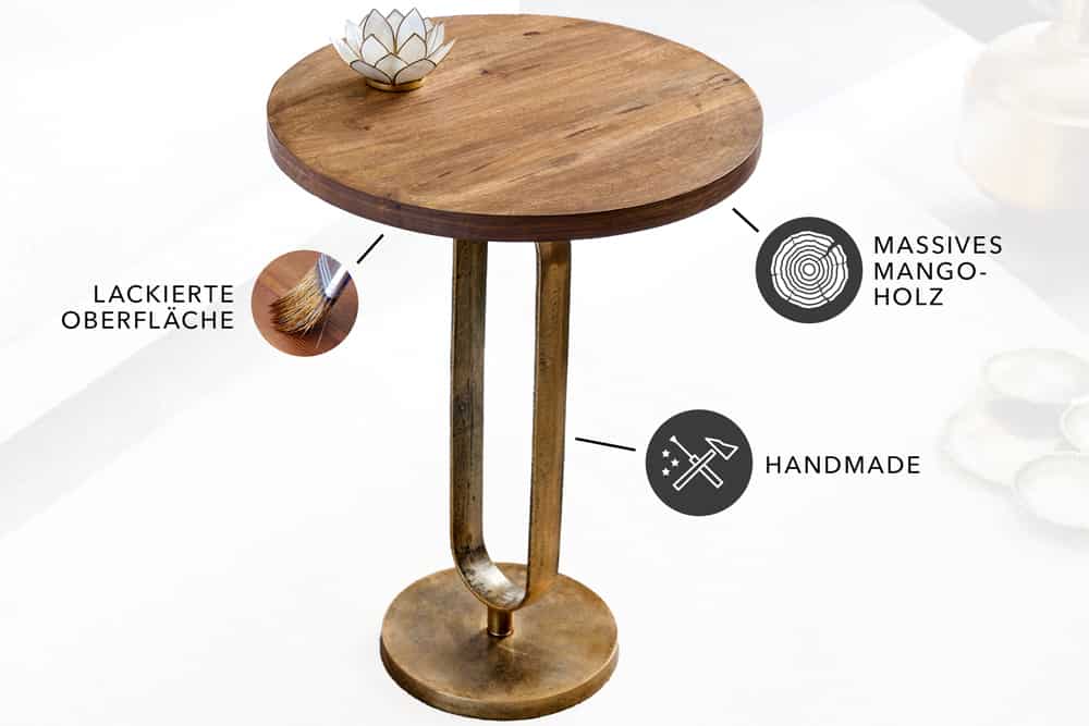 Runder Beistelltisch ELEGANCE 60cm messing Mangoholz Metall Aluminium massiv handmade