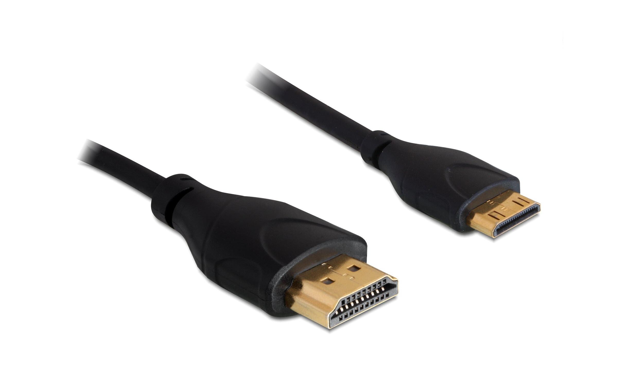 Kabel 4K 30Hz HDMI - Mini-HDMI (HDMI-C), 1 m, SchwarzDelock Kabel High Speed HDMI mit Ethernet – HDMI-A Stecker > HDMI Mini-C Stecker 4K 1 m Slim