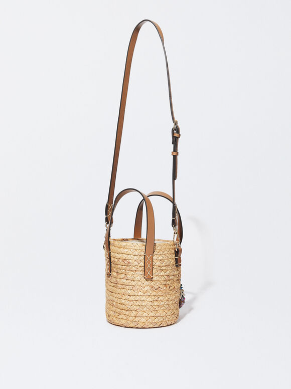 Sacola de compras com pompons de palha - Bege