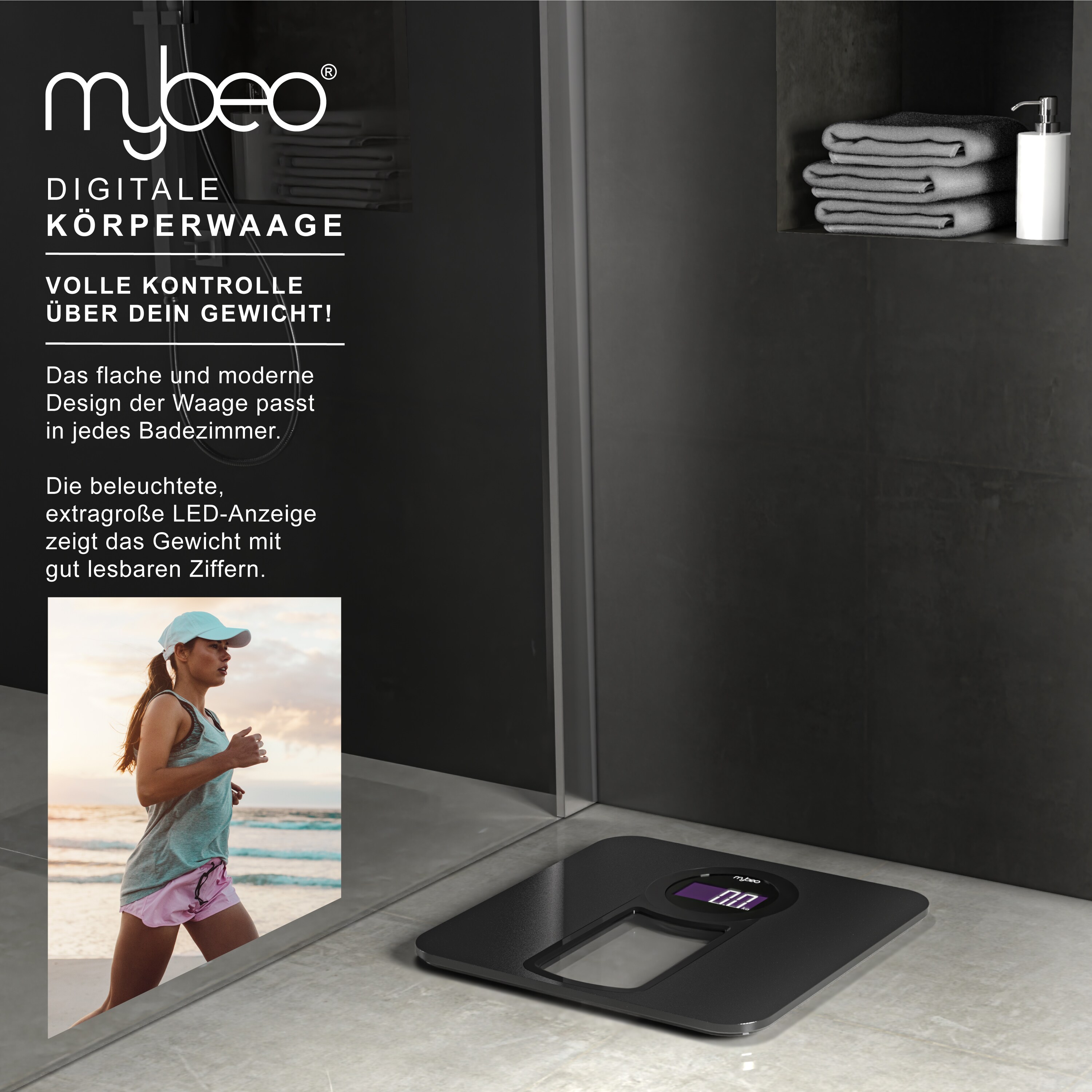 MyBeo Digitale Personenwaage Körperwaage - Badezimmer Waage im Slim Design - 6 mm Sicherheitsglas - großes LCD-Display, max. 150 kg