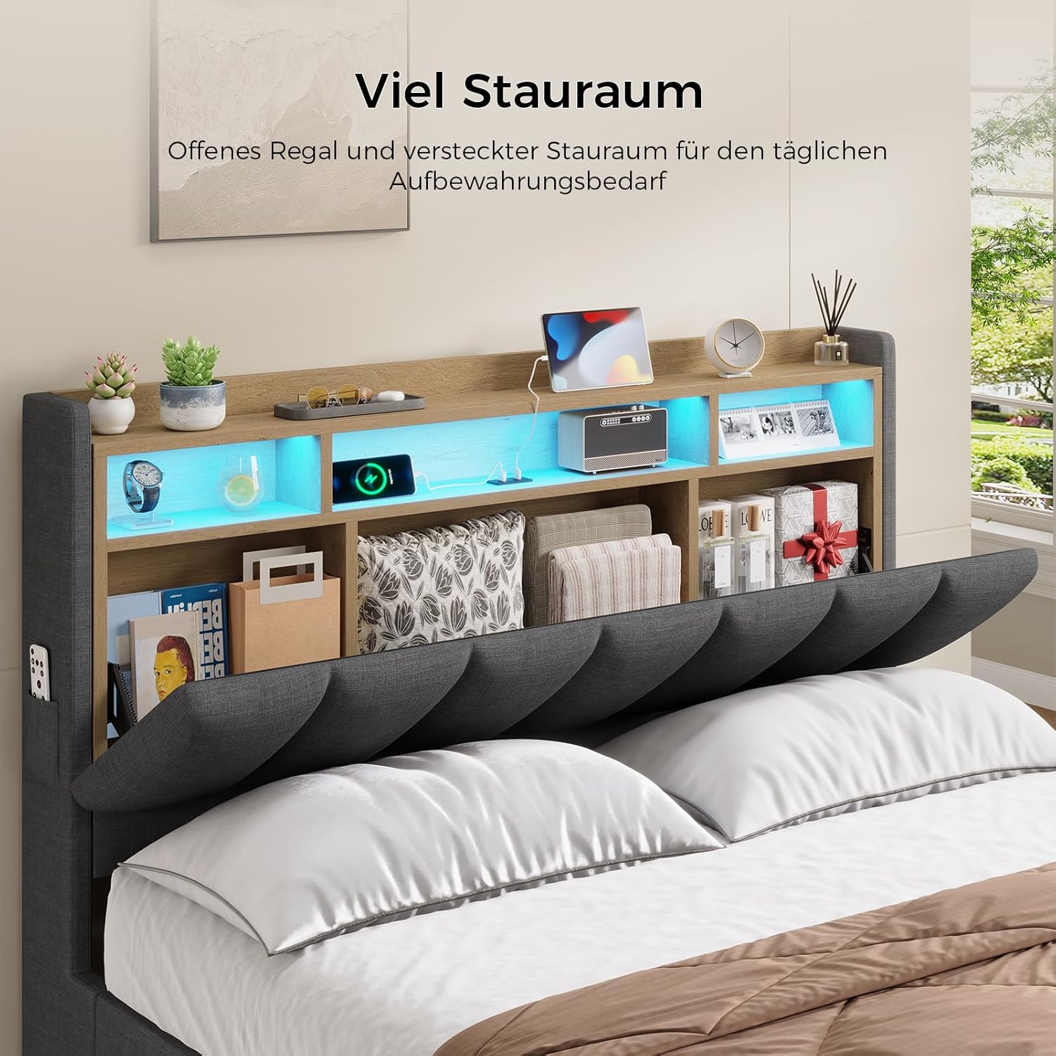 Bett mit LED Beleuchtung, Hydraulisches Bett 140 x 200 cm, Polsterbett, Regalkopfteil mit Stauraum, Bettgestell mit Lattenrost, bequem, für Schlafzimmer, Gästezimmer, Leinenstoff grau